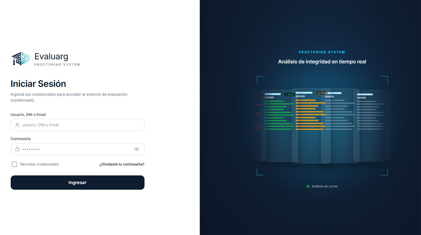 Pantalla de ingreso de Evaluarg: usuario, DNI o email, contraseña y opción para recordar credenciales.