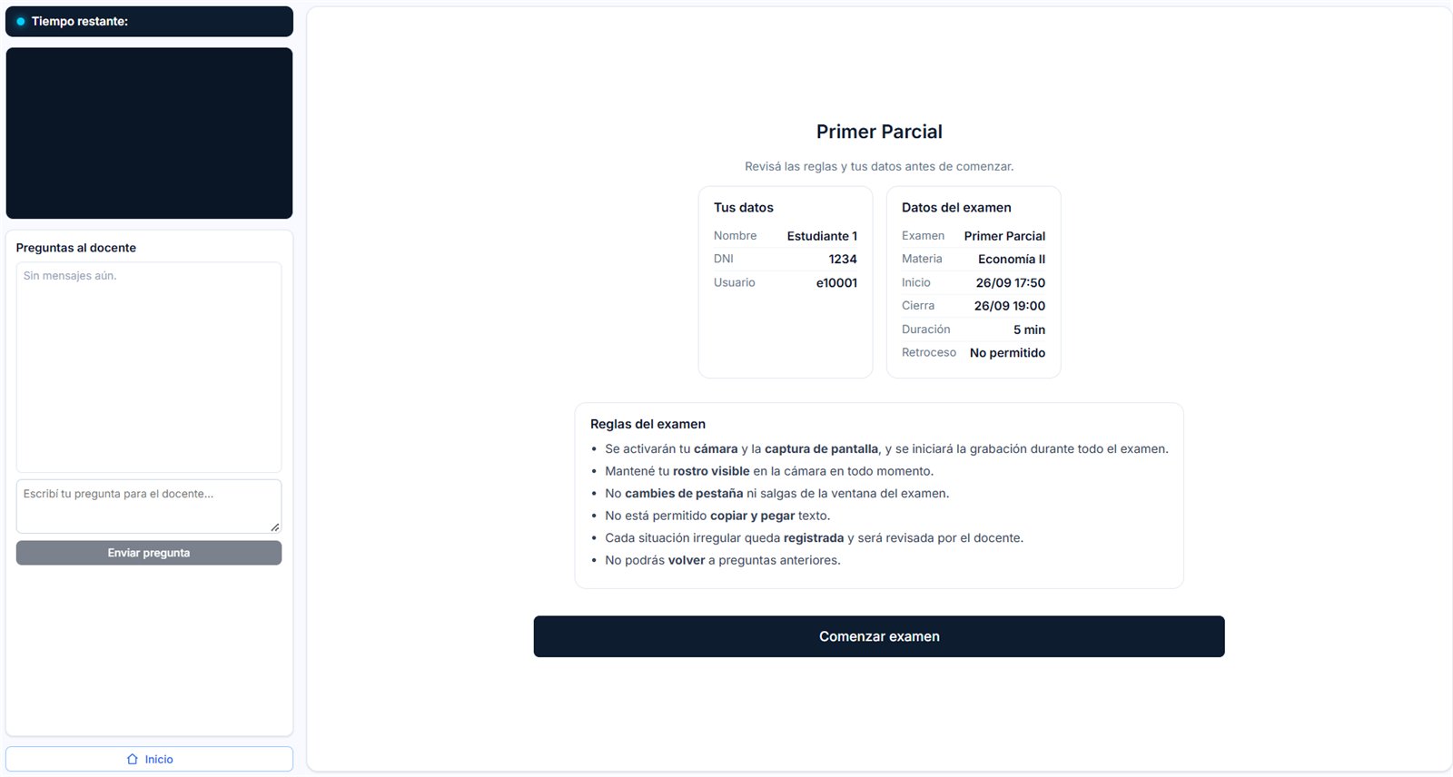 Pantalla previa del alumno en Evaluarg con sus datos, los datos del examen y las seis reglas del examen.