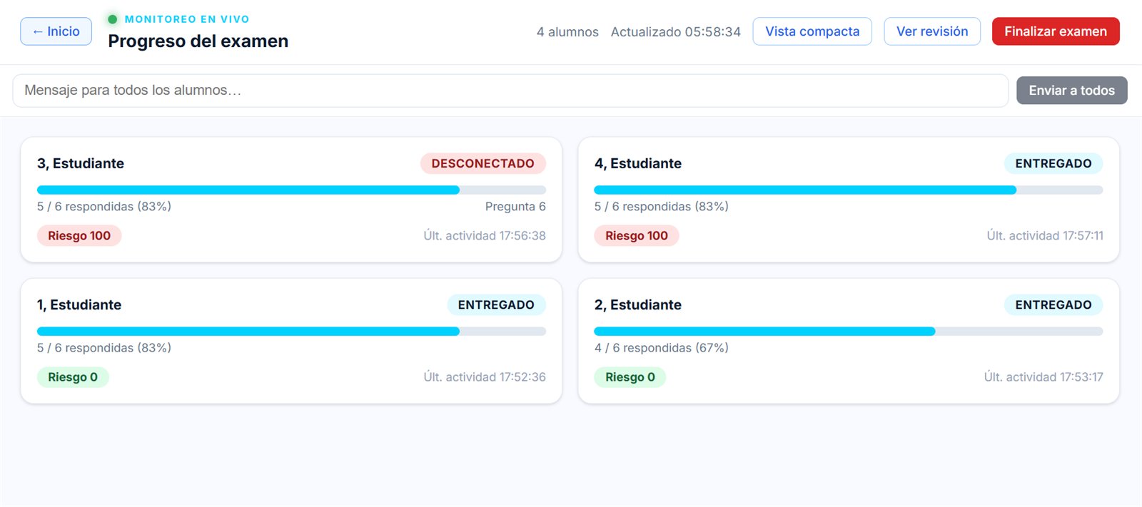 Monitoreo en vivo de Evaluarg: tarjetas de alumnos con estado, avance, puntos de riesgo y última actividad, y un campo para enviar un mensaje a todos los alumnos.